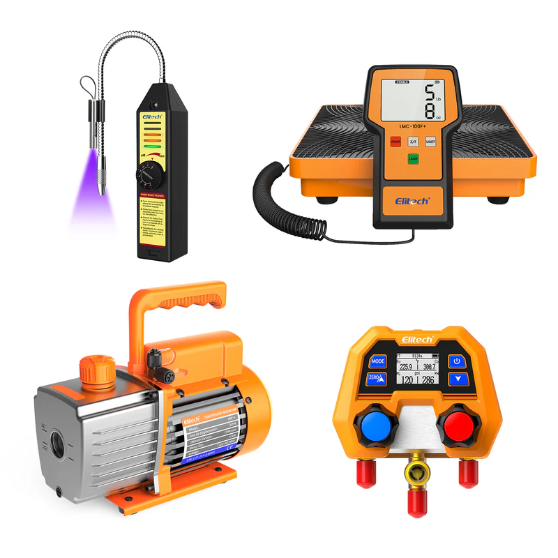 Bộ dụng cụ HVAC/R Elitech: máy dò rò rỉ, cân nạp gas, bơm chân không, đồng hồ nạp gas